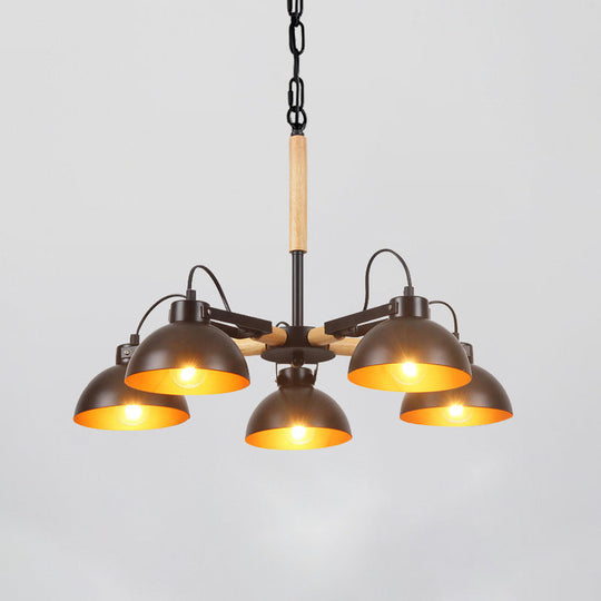 Modern Iron Black and Gold Chandelier with Rotating Bowl Shade and Wood Arm - 3/5/6 Head Ceiling Suspension Lamp