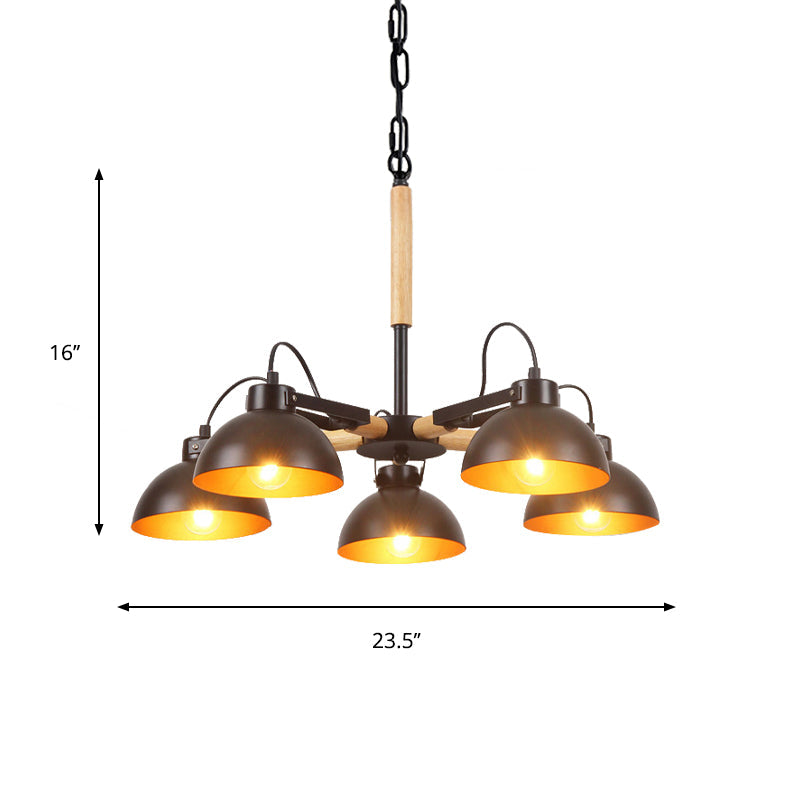 Modern Iron Black and Gold Chandelier with Rotating Bowl Shade and Wood Arm - 3/5/6 Head Ceiling Suspension Lamp