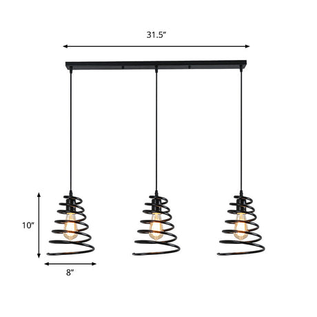 Black Conical Spring Iron Pendant Light With 3 Multi-Directional Heads For Loft Ceiling -