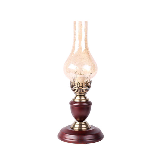 Coastal Vase Table Lighting: Wood Base With Tan Crackle Glass Night Light In Red Brown