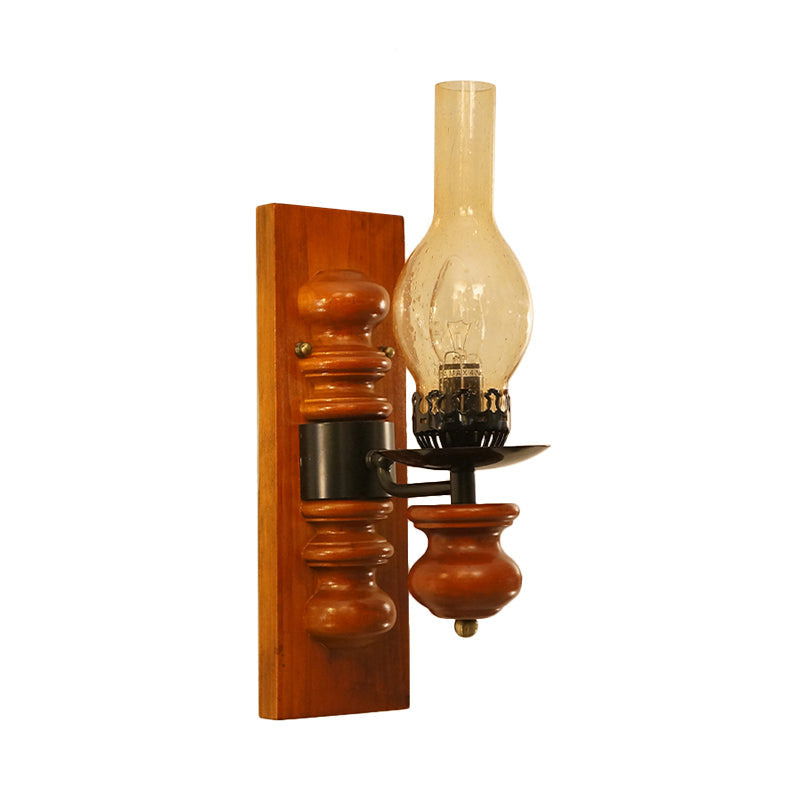 Coastal Vase Tan Seeded Glass Wall Sconce With Wood Backplate - Red Brown