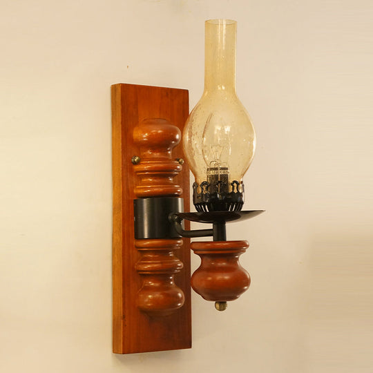 Coastal Vase Tan Seeded Glass Wall Sconce With Wood Backplate - Red Brown