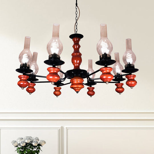 Coastal Clear Glass Pendant Chandelier with 8 Heads and Red Brown Wood Base - Vase Dining Room Hanging Lamp Kit