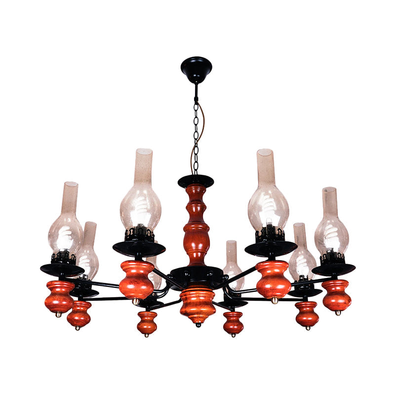 Coastal Clear Glass Pendant Chandelier with 8 Heads and Red Brown Wood Base - Vase Dining Room Hanging Lamp Kit