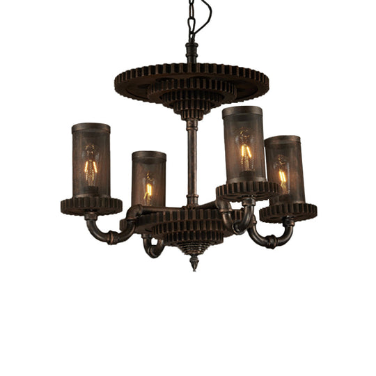Black Metal Warehouse Cylinder Pendant Light Kit With 4 Hanging Lights And Gear Deco