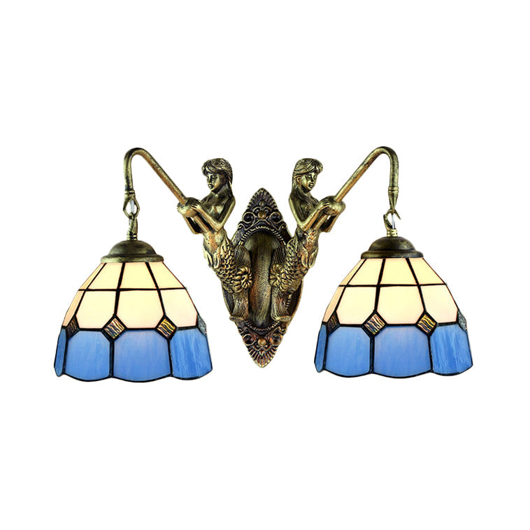 Multicolor Stained Glass Wall Sconce Light - Tiffany Dome/Cone Design With Brass Finish 2 Heads
