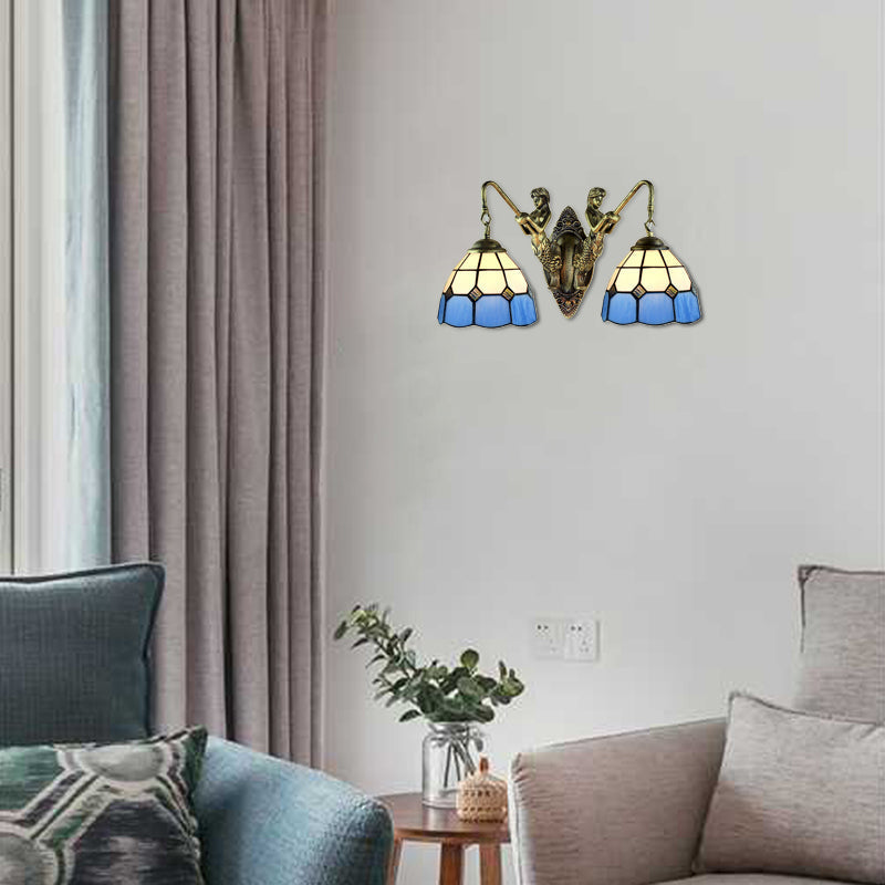Multicolor Stained Glass Wall Sconce Light - Tiffany Dome/Cone Design With Brass Finish 2 Heads