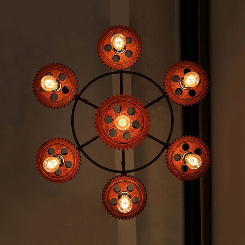 Dark Rust Metal Chandelier Light With Antique Style - 3/7 Heads Gear Pendant Lighting Fixture For