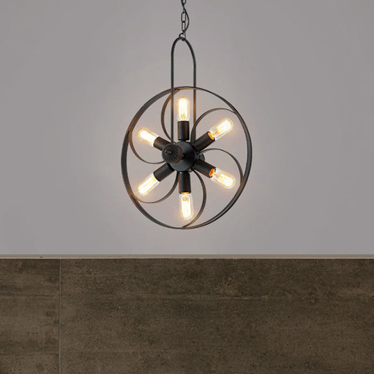 Industrial Metal Chandelier - Black Wheel Pendant Light with 6 Adjustable Lights for Dining Room