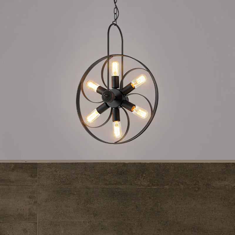 Industrial Style Black Metal Chandelier Light: 6-Light Dining Room Pendant With Adjustable Chain