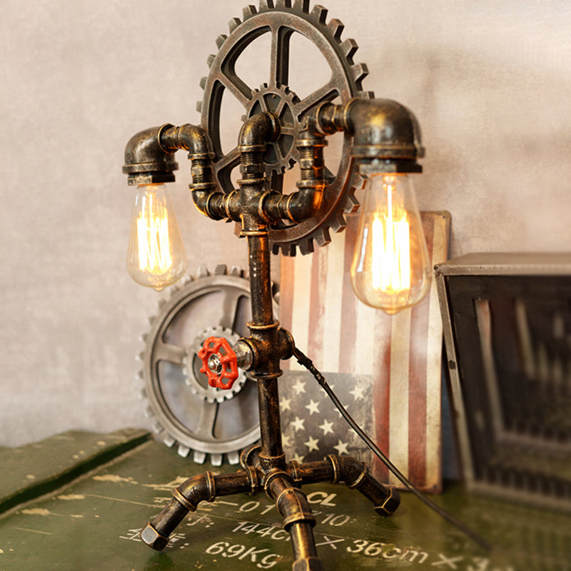 Antique Brass Bedroom Standing Light: 2-Light Table Lighting With Water Pipe And Gear Wrought Iron