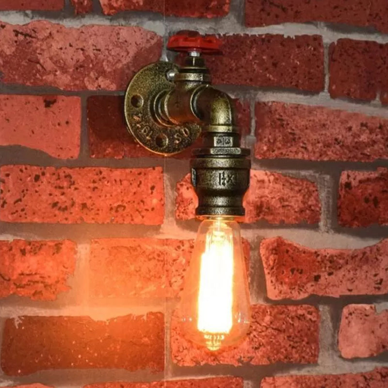 Vintage Gold Water Pipe Wall Mount Lamp With Valve For Restaurants - Metallic Head Lighting
