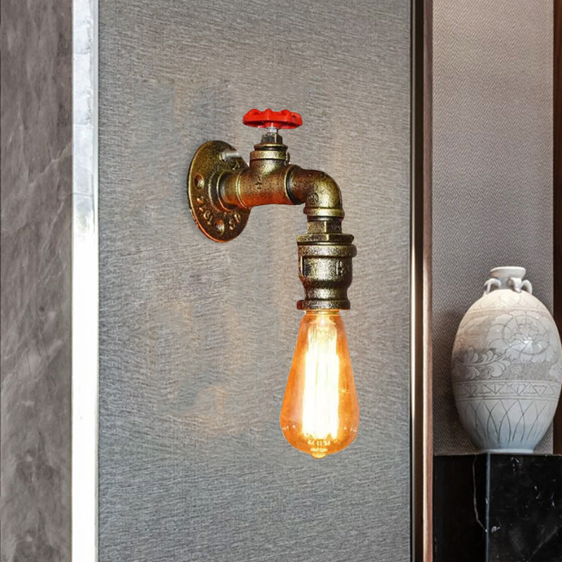 Vintage Gold Water Pipe Wall Mount Lamp With Valve For Restaurants - Metallic Head Lighting