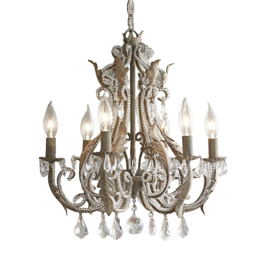 French Country Candle Chandelier - 6 Light Crystal Hanging In Antiqued Grey