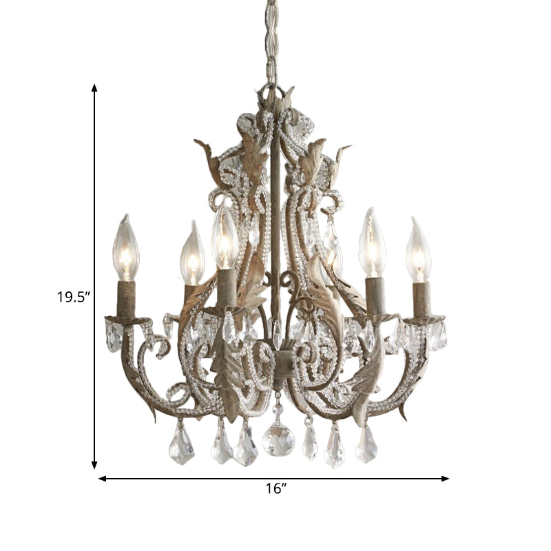 French Country 6-Light Crystal Candle Chandelier in Antiqued Grey