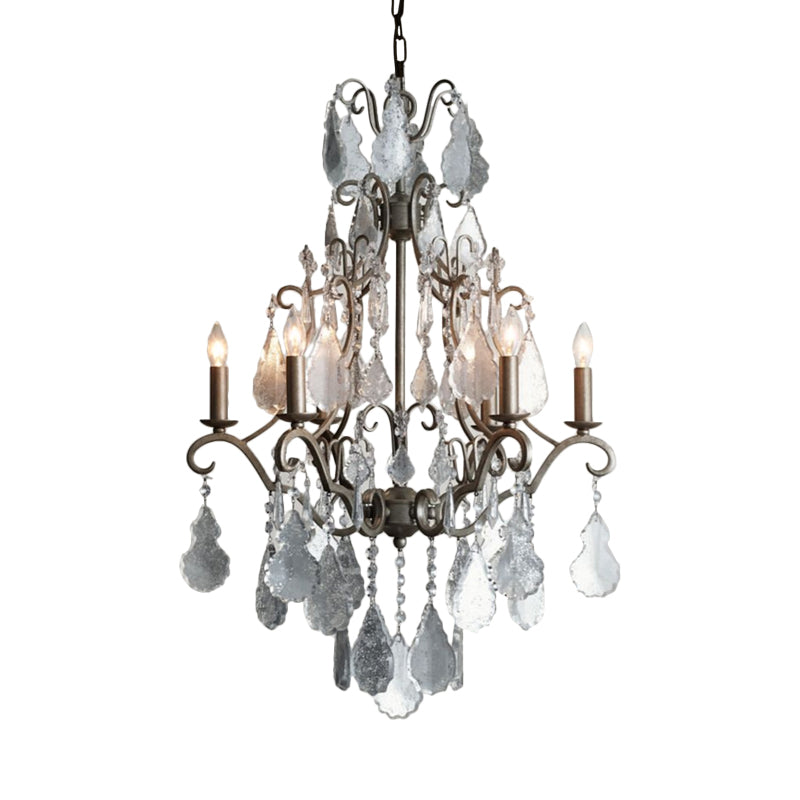 Rural Rust Metal Candlestick Chandelier With Swirl Arm Design & Dangling K9 Crystal Accents - 6