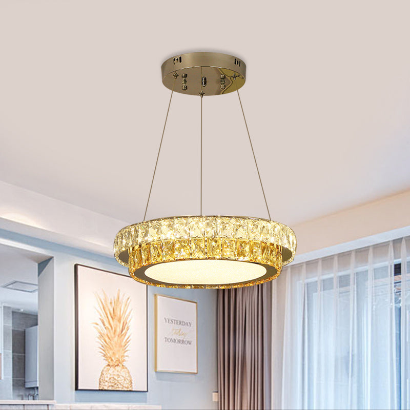 Modern Gold Crystal Embedded LED Chandelier - 2-Tier Round Design for Dining Room - Available in Multiple Sizes (16"/23.5"/31.5" Dia)