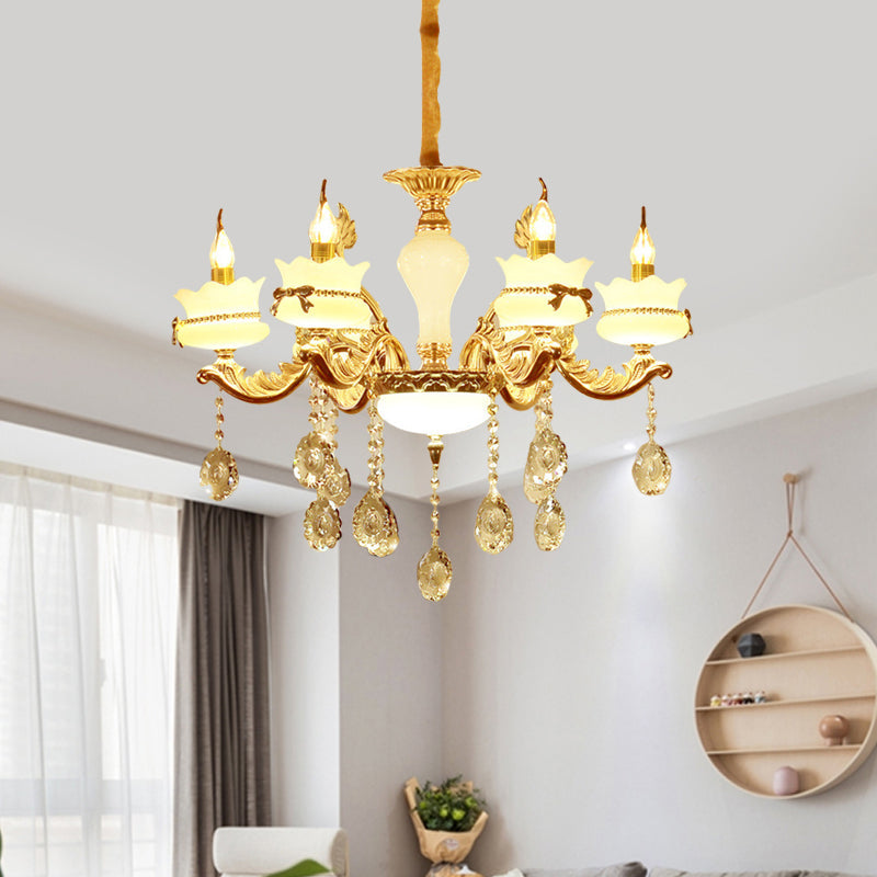 Modern Gold Glass Scalloped Chandelier with Crystal Drop – 6/8-Head Pendant for Restaurants
