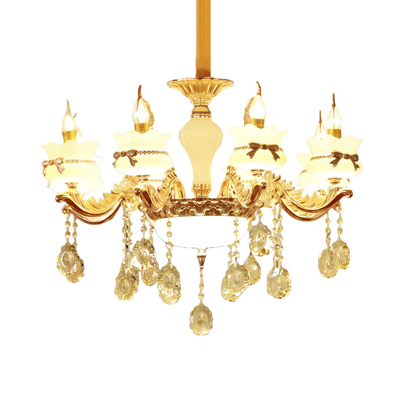 Modern Gold Glass Scalloped Chandelier with Crystal Drop – 6/8-Head Pendant for Restaurants