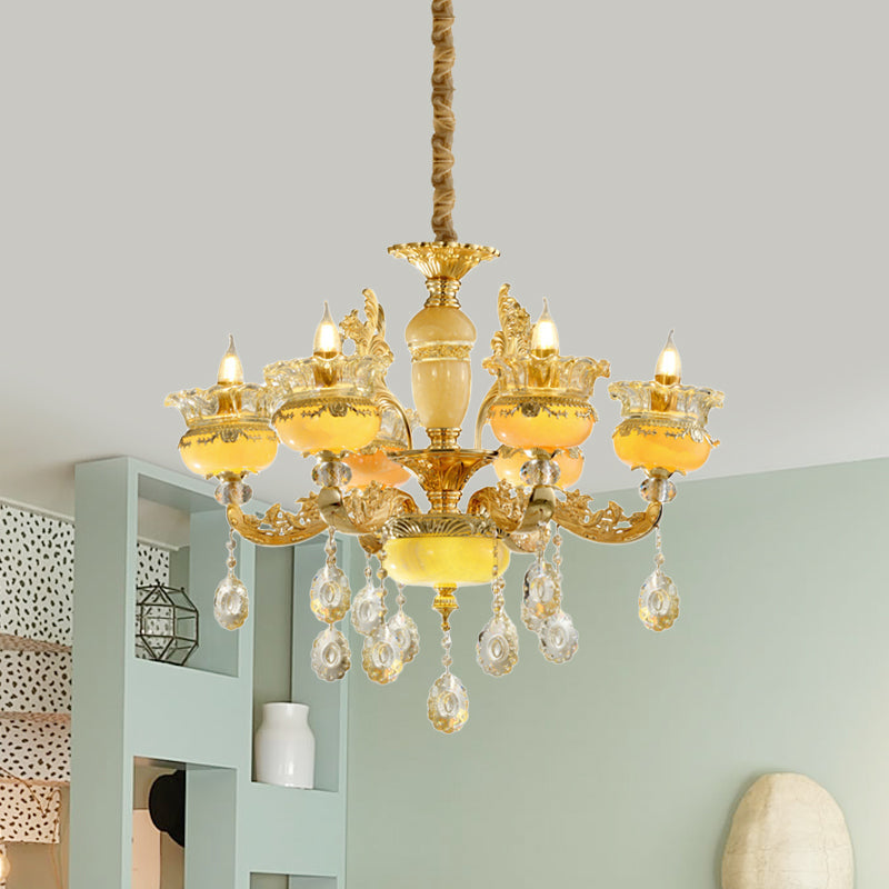 Traditional 6-Light Chandelier with Marble Vase Shade and Crystal Drapes