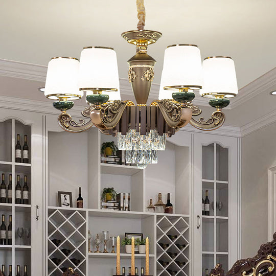 Traditional Tapered Opal Glass Chandelier with 6 Heads - Brown Dining Room Pendant Light featuring K9 Crystal Insert
