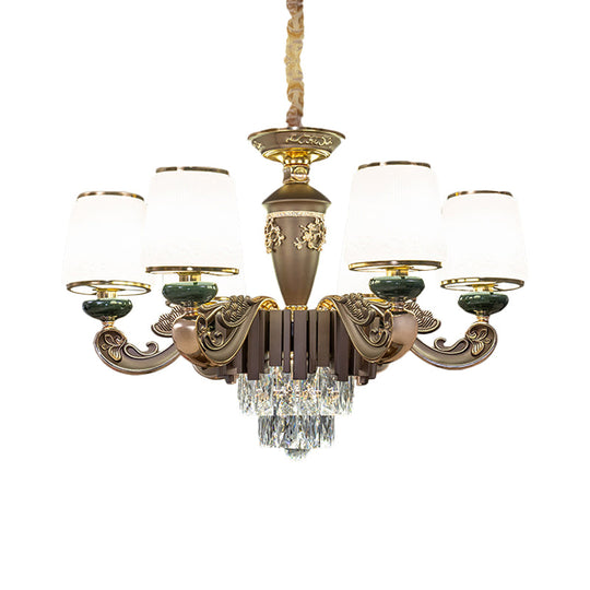 Opal Glass Chandelier With K9 Crystal Insert - Traditional 6 Heads Pendant Light For Dining Room In