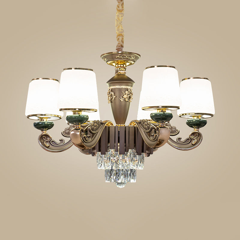 Traditional Tapered Opal Glass Chandelier with 6 Heads - Brown Dining Room Pendant Light featuring K9 Crystal Insert