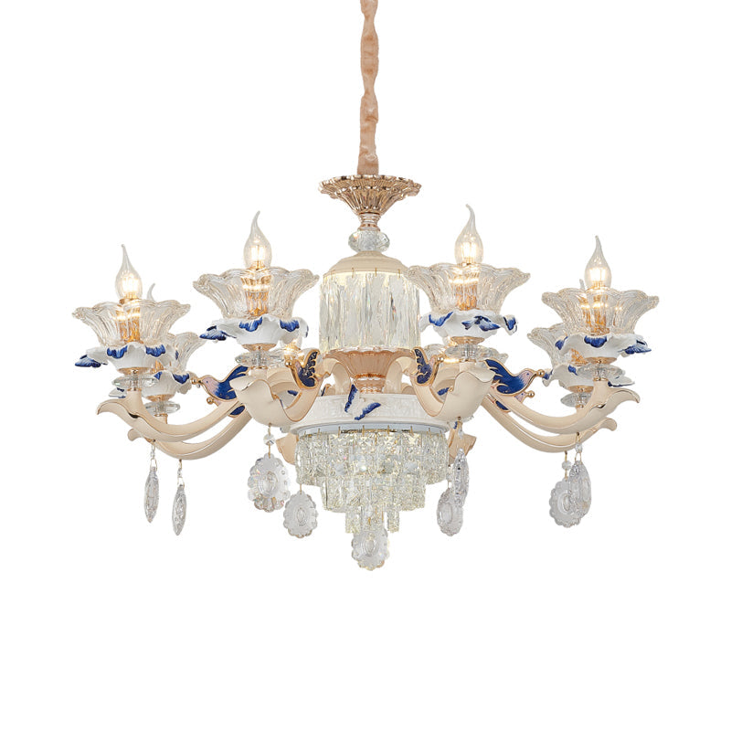 Rose Gold Crystal Chandelier Pendant - 6/8 Lights, Modern Blooming Design for Bedroom Suspension, Ceramic Bobeche