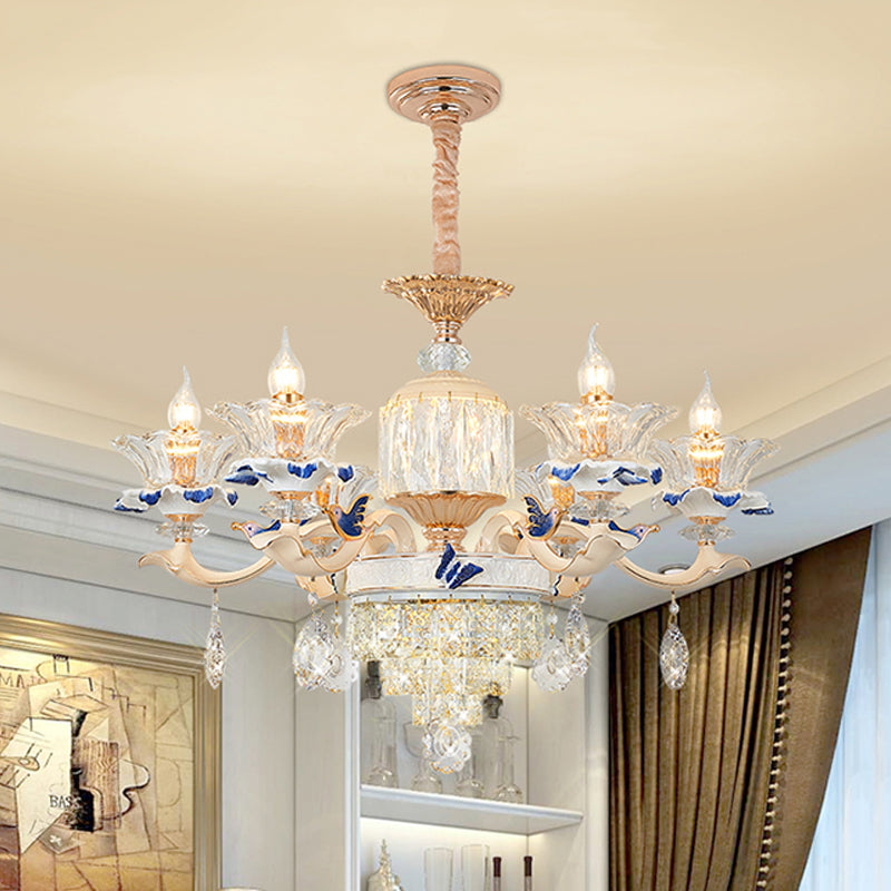 Rose Gold Crystal Chandelier Pendant - 6/8 Lights, Modern Blooming Design for Bedroom Suspension, Ceramic Bobeche