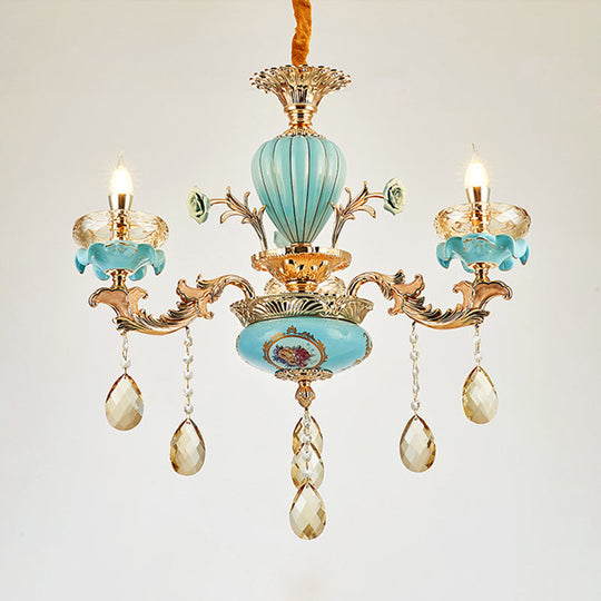 Moroccan Gold-Blue Ceramic Hanging Chandelier With Crystal Drops - 3/6 Bulb Candelabrum