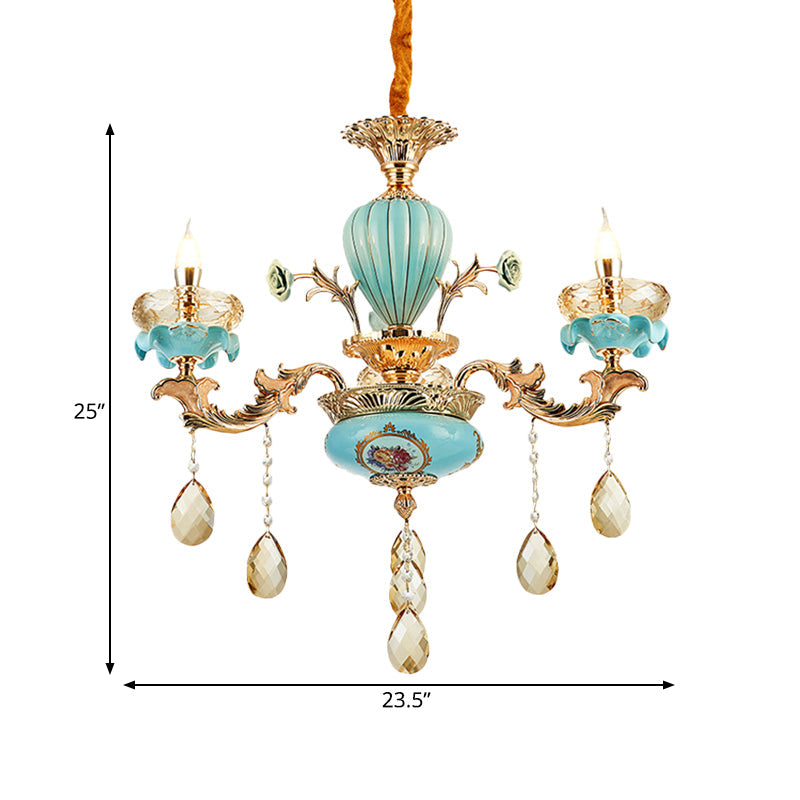 Moroccan Gold-Blue Ceramic Hanging Chandelier with K9 Crystal Drop - 3/6 Bulb Candelabrum Lamp
