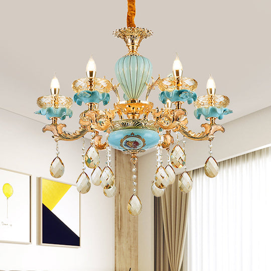 Moroccan Gold-Blue Ceramic Hanging Chandelier With Crystal Drops - 3/6 Bulb Candelabrum 6 / Gold