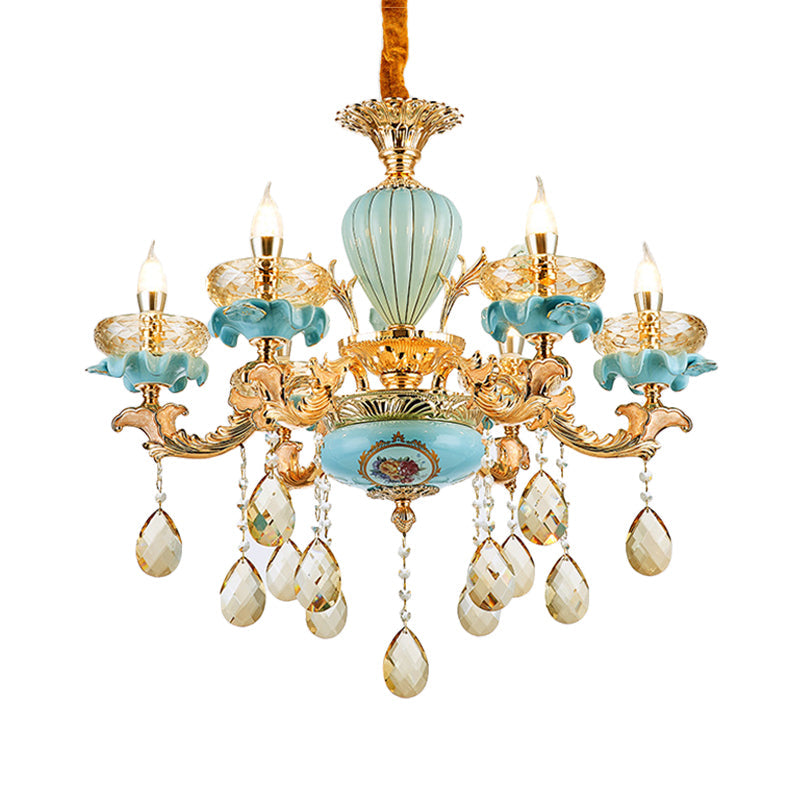 Moroccan Gold-Blue Ceramic Hanging Chandelier With Crystal Drops - 3/6 Bulb Candelabrum