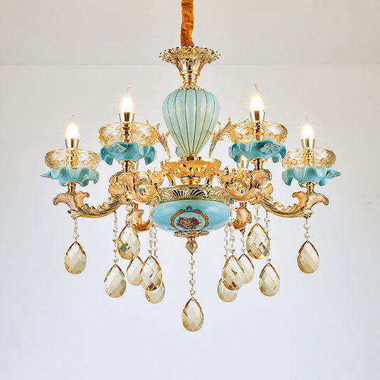 Moroccan Gold-Blue Ceramic Hanging Chandelier with K9 Crystal Drop - 3/6 Bulb Candelabrum Lamp