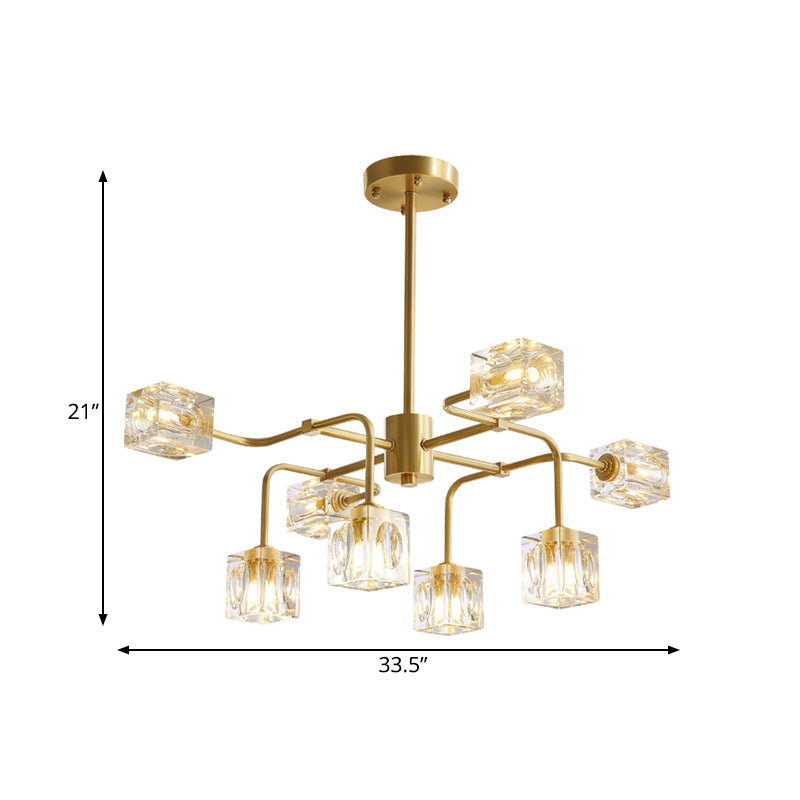 Modern Crystal Cube Gold Chandelier Lamp - 8 Bulb Suspension Pendant
