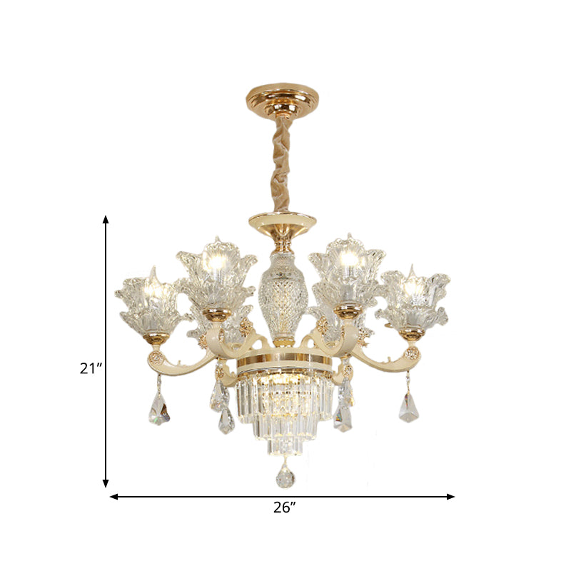 Modern Gold Blossom Chandelier with 6 Clear Glass Heads - Stylish Ceiling Pendant Light for Living Room