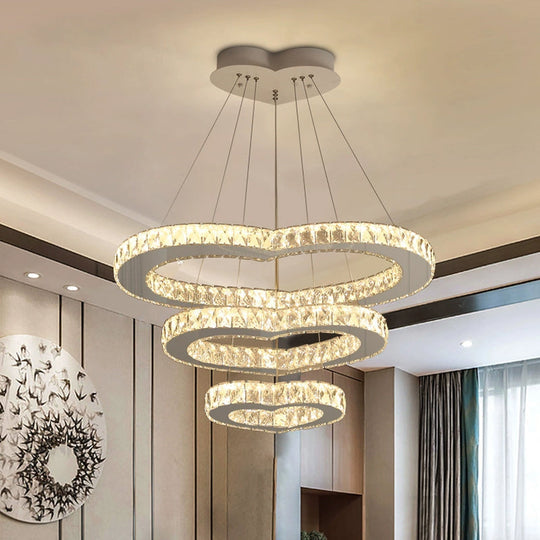 Modernist Crystal Heart Chandelier - Chrome 3-Tier LED Hanging Light Fixture
