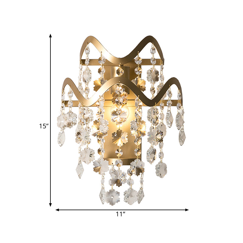 Vintage Brass Led Wall Sconce With Crystal Strand Draping And Waveform Edge