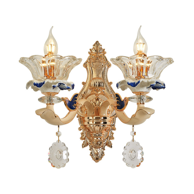 Traditional Brass Wall Sconce Light With Crystal Flower Shade - Perfect For Living Room