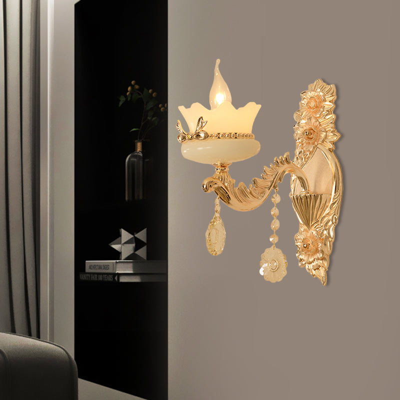 Retro Scalloped Frosted Glass Wall Sconce With Brass Carved Arm - 1/2-Light For Living Rooms 1 /