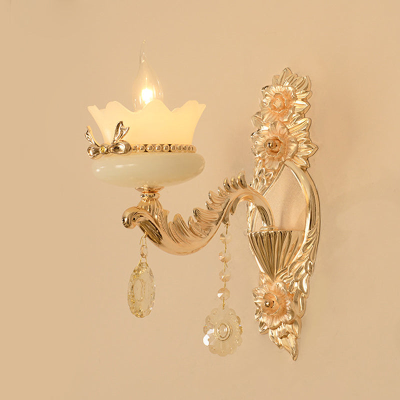 Retro Scalloped Frosted Glass Wall Sconce With Brass Carved Arm - 1/2-Light For Living Rooms