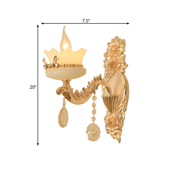 Retro Scalloped Frosted Glass Wall Sconce With Brass Carved Arm - 1/2-Light For Living Rooms