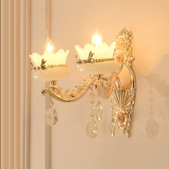 Retro Scalloped Frosted Glass Wall Sconce With Brass Carved Arm - 1/2-Light For Living Rooms 2 /