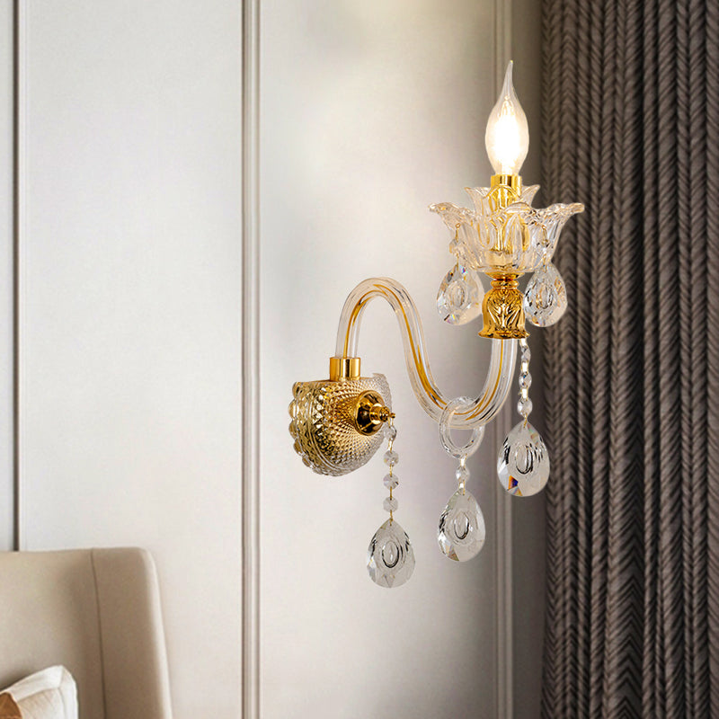 Vintage Gold Clear Glass Wall Lamp - Candle Style Sconce With Undulated Arm 1 /