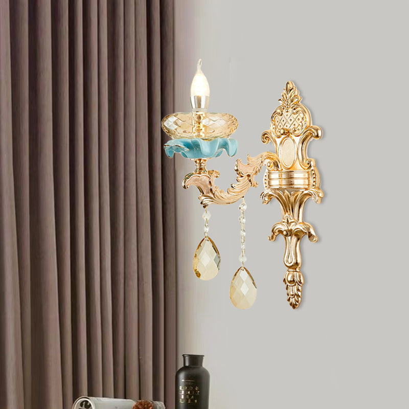 Antiqued Candlestick Wall Lamp With Crystal Sconce Light Fixture In Gold 1 /