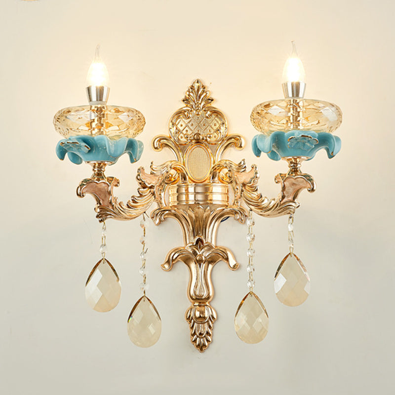 Antiqued Candlestick Wall Lamp With Crystal Sconce Light Fixture In Gold