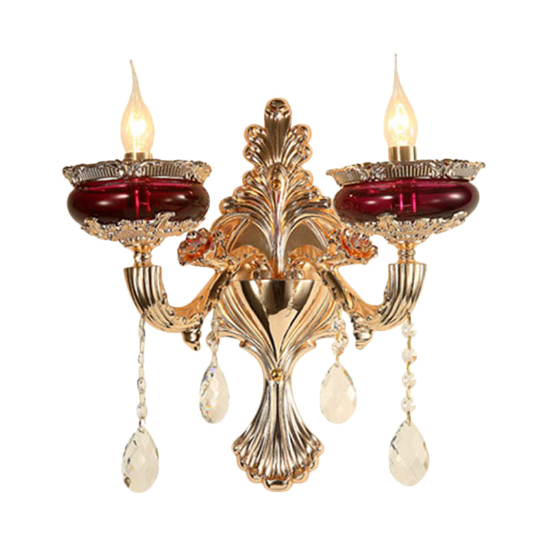 Gold-Red Crystal Flameless Candle Wall Sconce Lamp For Lobby - Traditional 1/2-Head Lighting Ideas