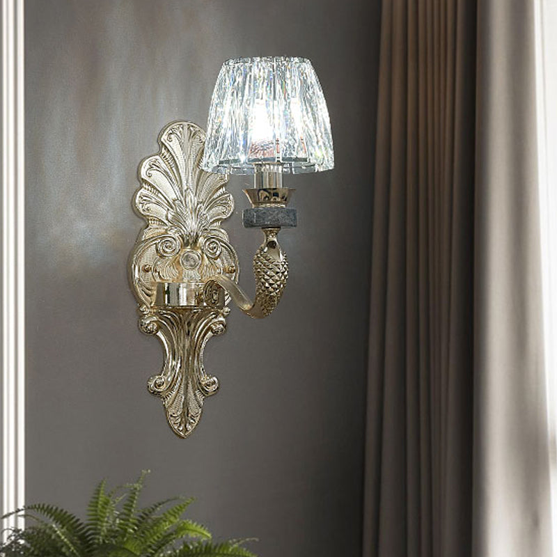 Gold K9 Crystal Cone Shade Wall Sconce Light - Antique Style Ideal For Dining Room Half-Bulb Lamp 1
