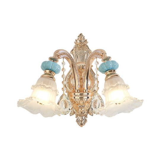 Retro Gold 1/2-Head Flower Wall Light With Opal Matte Glass - Mounted Fixture