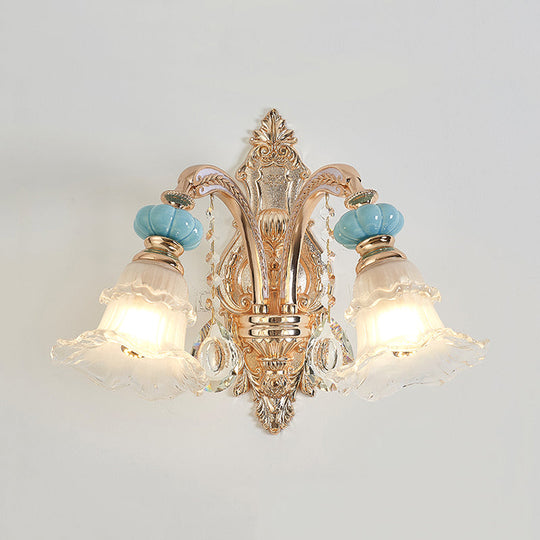 Retro Gold 1/2-Head Flower Wall Light With Opal Matte Glass - Mounted Fixture